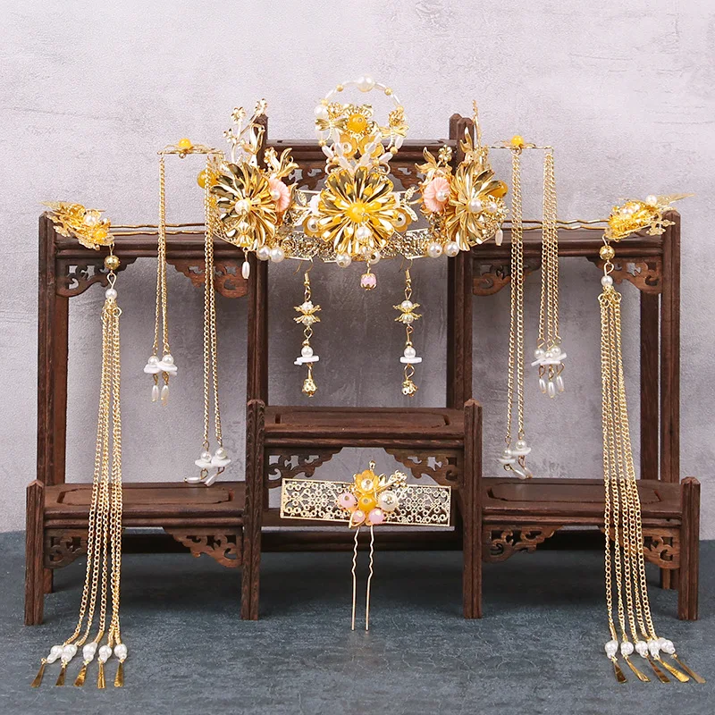 

Hanfu Bridal Headdress Chinese Style Gold Tassel Crown Hairstick Earring Wedding Hair Accessories