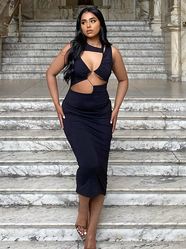 

2022 New Sexy Elegant Bandage Cut Out Tank Party Long Dress Women Outfits Sleeveless Robe Dresses Vestido Robe Clothes