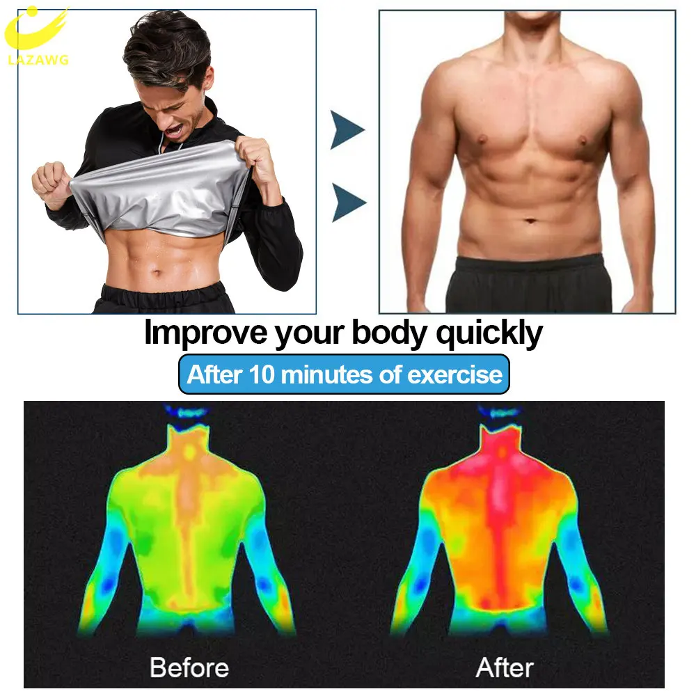 LAZAWG Men Sauna Jacket for Weight Loss Zipper Sweat Top Long Sleeve Slimming Fat Burner Body Shaper Exercise Workout Sportwear