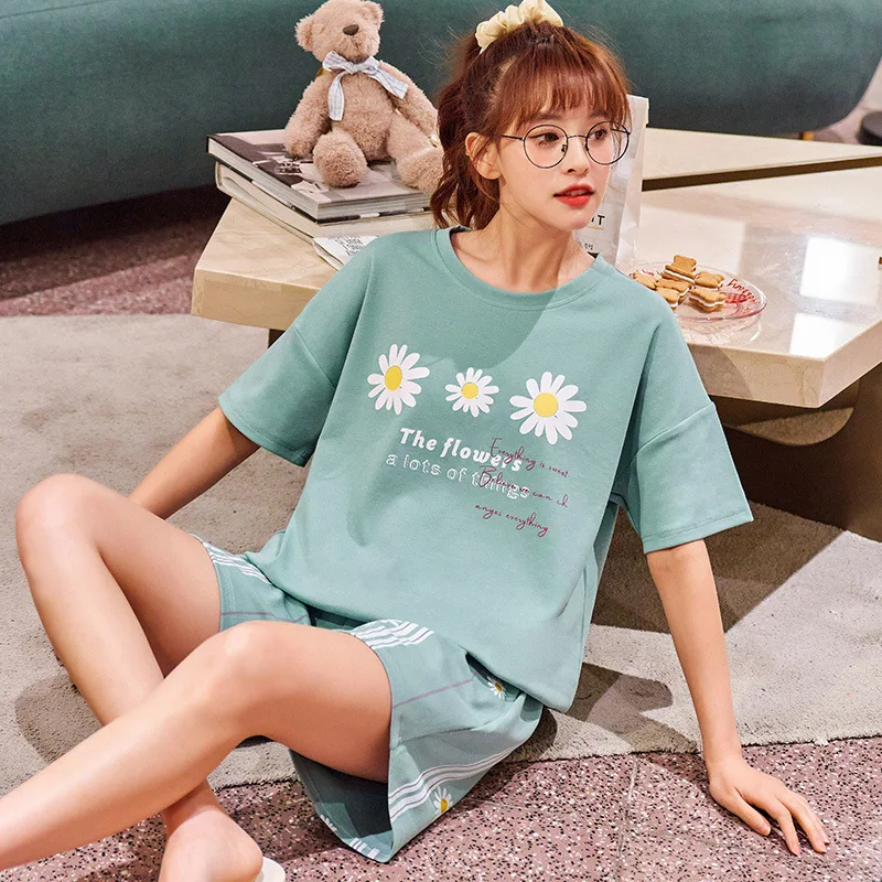 100% Cotton Women Pajamas Sets Striped Pyjamas Famale Loungewear Pijamas Short Sleeve T-Shirt Shorts Suit Sleepwear Nightwear