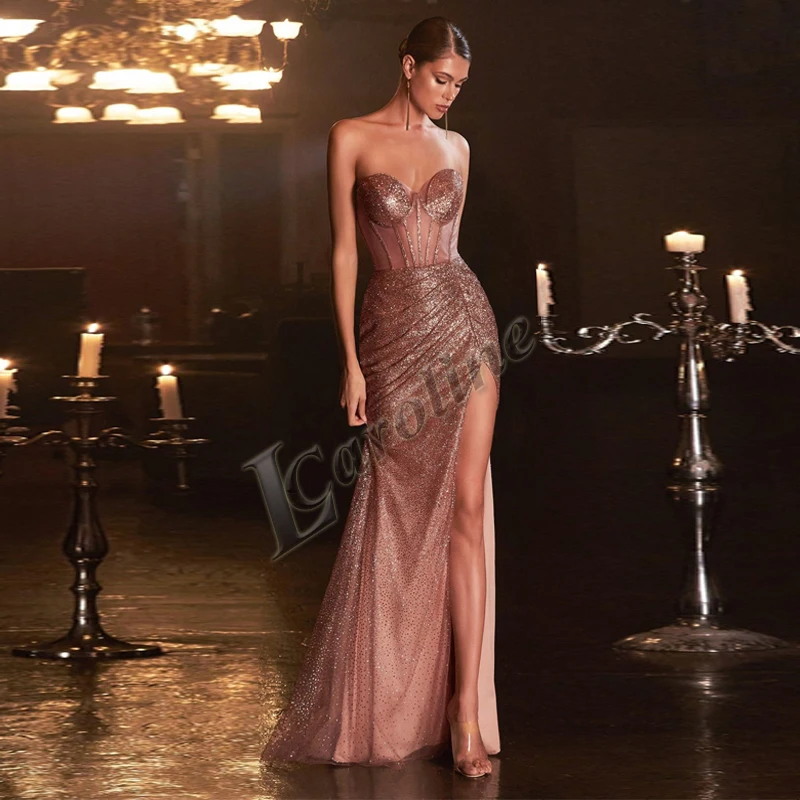 

Sexy Sequined Strapless Slit Illusion Bling Evening Dress Zipper Sleeveless Prom Gowns Party Made To Order Robes De Soirée