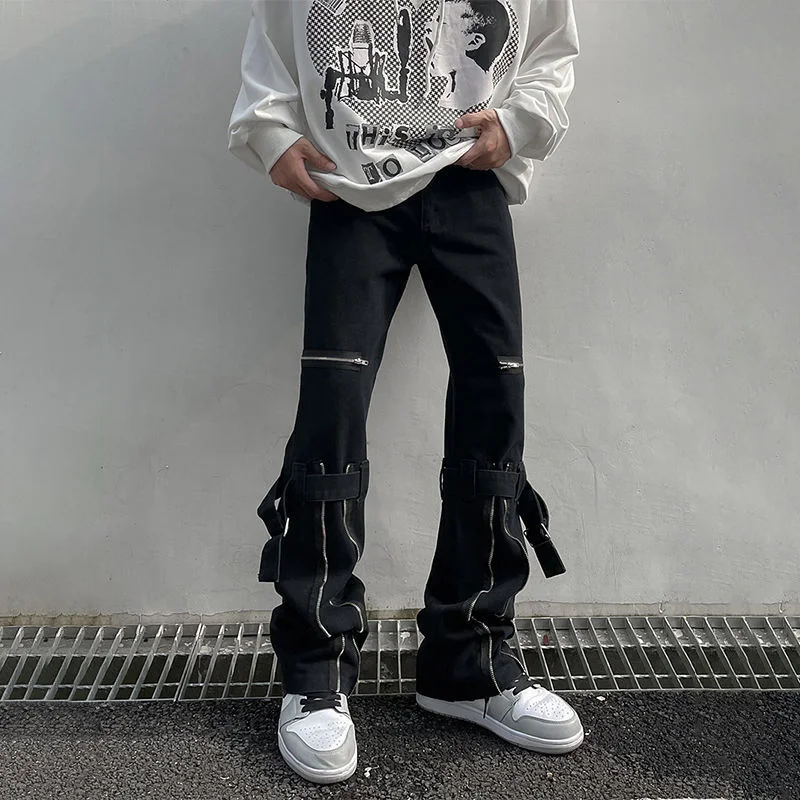 DEEPTOWN Techwear Cargo Micro-flared Jeans for Men Black Pants Designer Hip Hop Denim Trousers Male Zippers Streetwear Spring