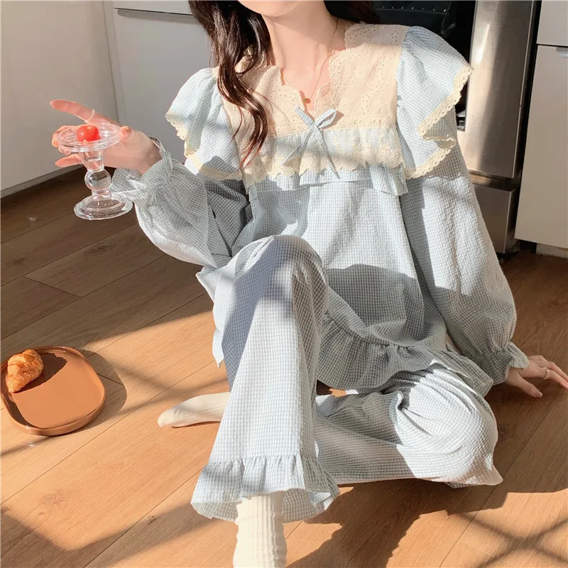 Korean Cotton Spring Autumn Pajamas For Women Sweet Princess Long-Sleeve Lace Loose Home Clothes V Neck Ladie's Sleepwear Set