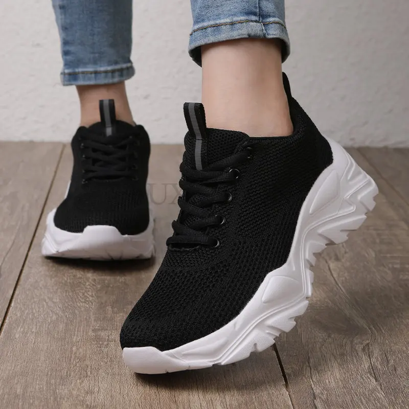 

Thick Soled Mesh Sneakers Casual Lace Up Women's Full Match Breathable Large Fashion Solid Color 2022 Autumn New Style