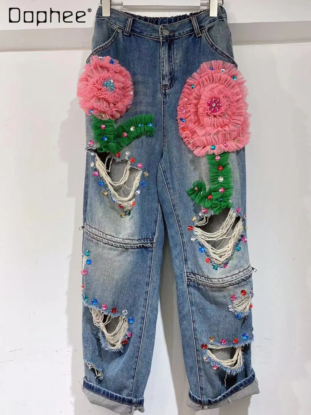 2022 Spring and Autumn New Tide Brand Heavy Industry Rhinestone Ripped Flowers Women's Vintage Fashion Ripped High Street Jeans