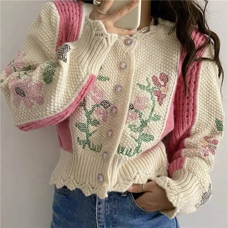 Embroidered Crochet Wave Pattern Flower Knit Cardigan Womens Autumn Retro Chic Buttons Loose Long Sleeve Knitted Sweater Female