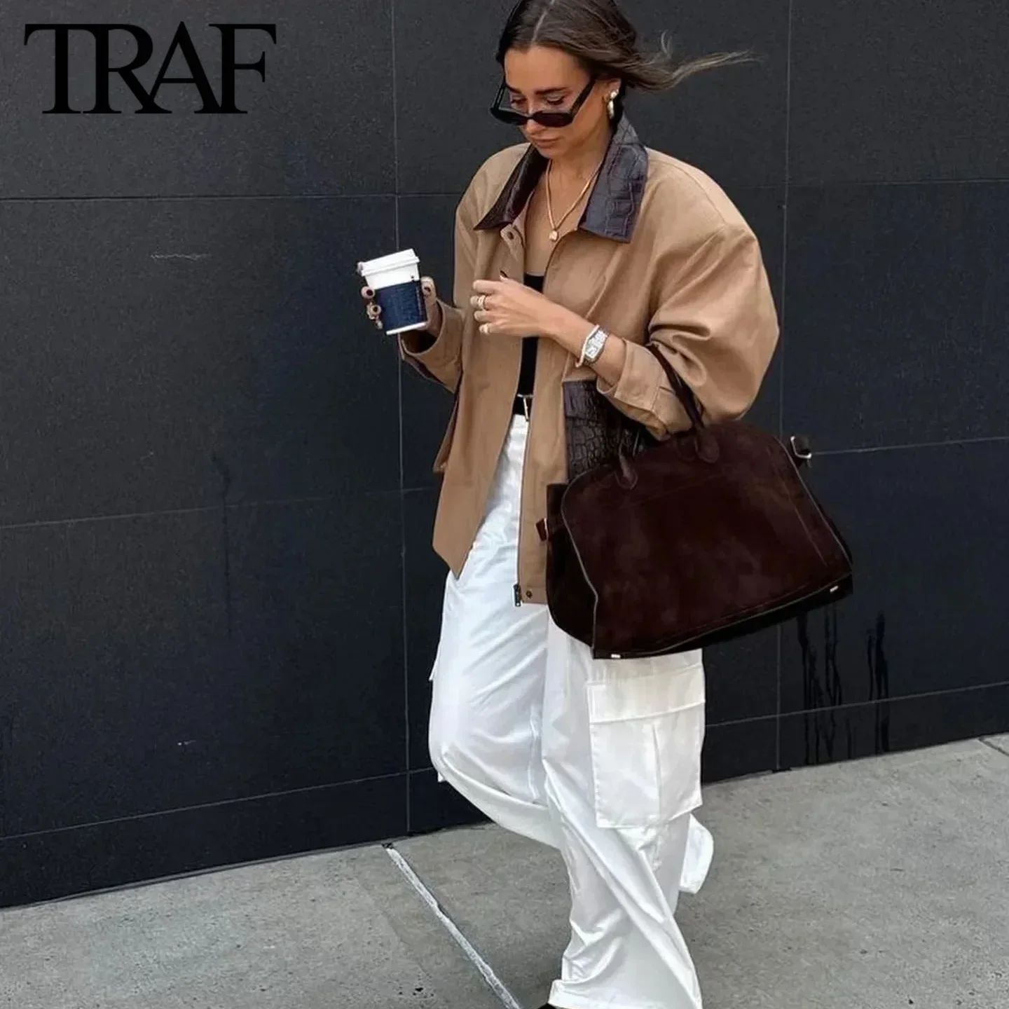 TRAF Замшевое пальто для женщин Мода Осень Зима Новые лацканы контрастного цвета с