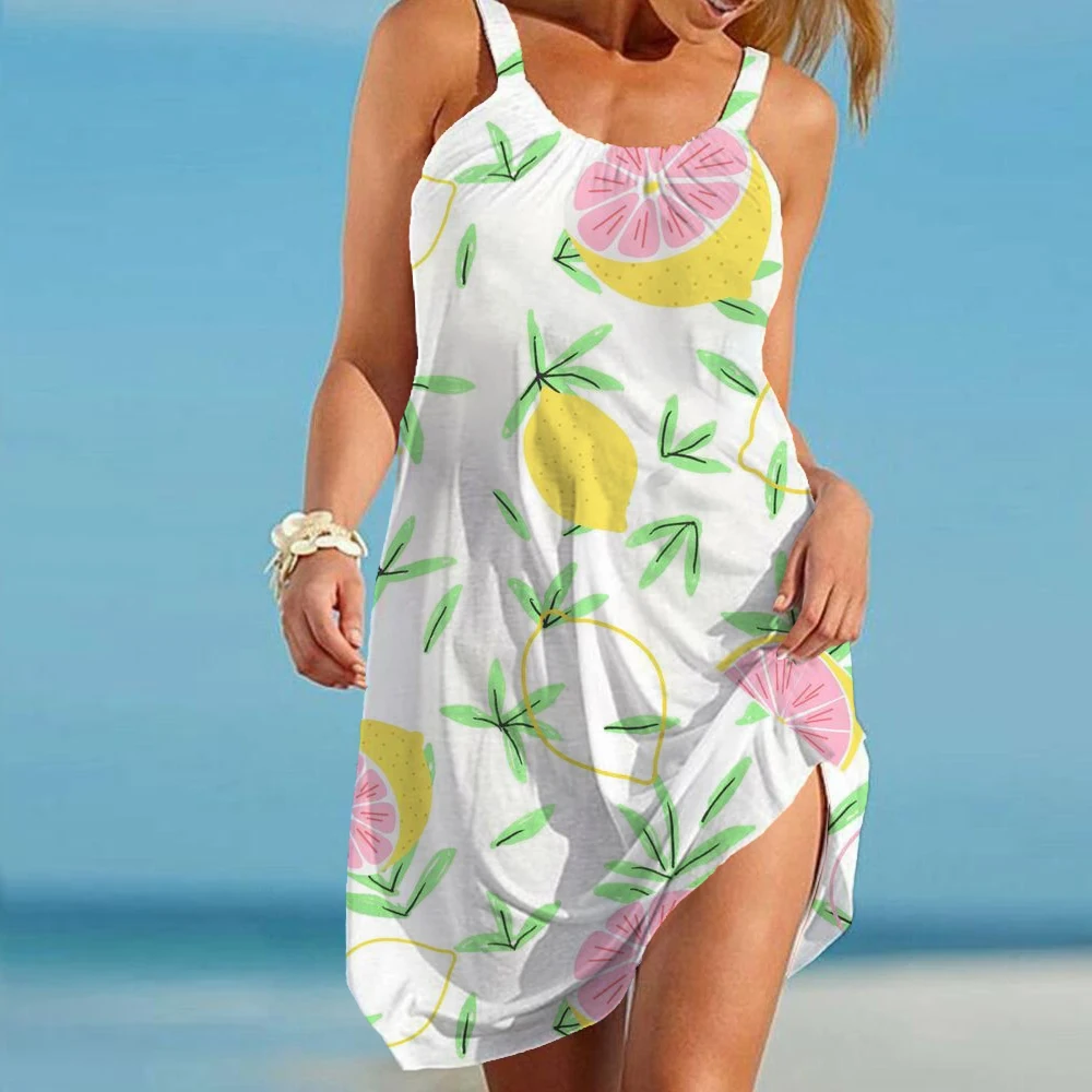 

Милое летнее платье для женщин, элегантное женское платье без рукавов с цветочным принтом лимона, повседневное пляжное Короткое мини-плать...