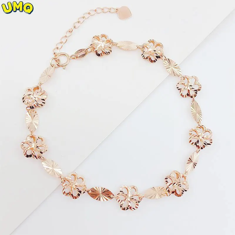 

Pure Russian Purple Gold Bracelet New 585 Rose Gold Sweet Hollow Out Flower Bracelet Plated with 14k Color Gold for Women