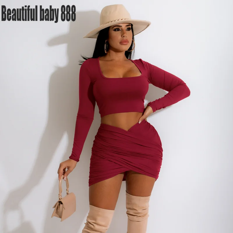 

Новинка 2022, модная женская юбка-мини Meqeiss из эластичной ткани с длинным рукавом и открытой спиной, с высокой талией, комплект из 2 предметов