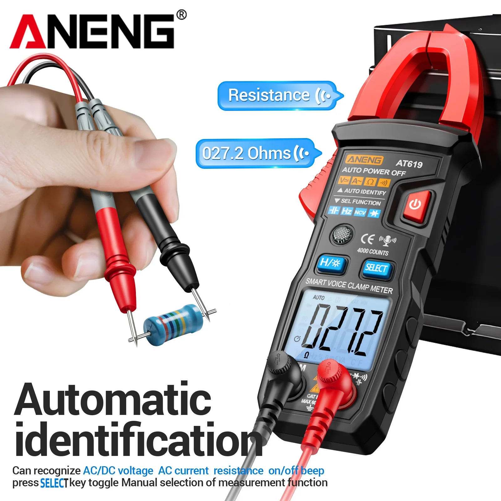 Фото ANENG AT619 Клещевой измеритель с голосовым оповещением, 4000 отсчетов, NCV, AC/DC 600В, 600А, тестер диодов, проверки целостности цепи, подсветка, автоматическое отключение, тестер для электриков №3