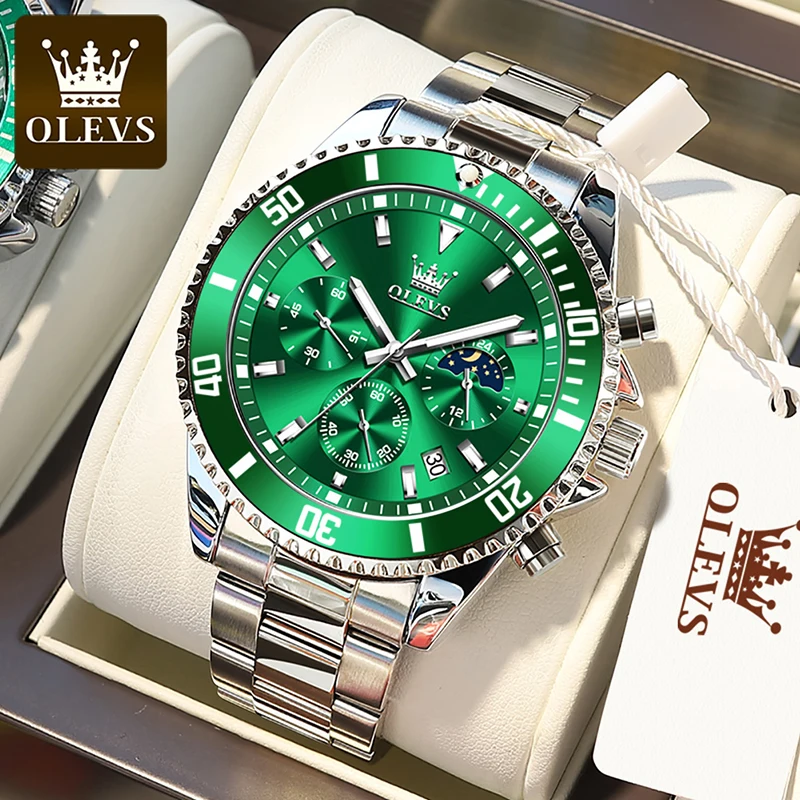 

OLEVS 2022 New Men Quartz Watch Fashion Green Water Ghost Multifunctional Dial Luminous Chronograph Luminous Mens Watches Gift