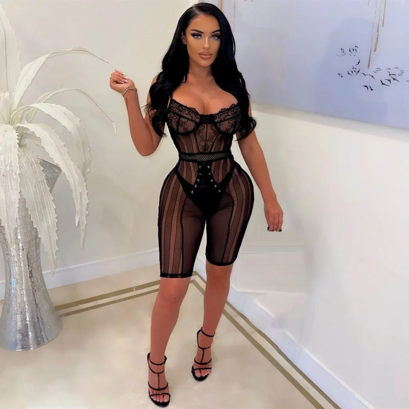 

WUHE See Through Corset Lace Romper Fashion Sleeveless Lace Jumpsuits Sexy Clubwear Nightclub Outfits Summer Party Wear