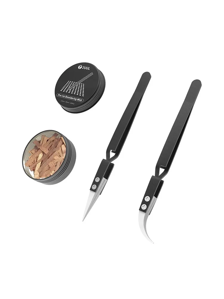 

2UUL 100pcs Pre-cut Desoldering Wicks 2mm*25mm With Reversed Ceramic Tweezers for Phone Motherboard Soldering Repair Tool