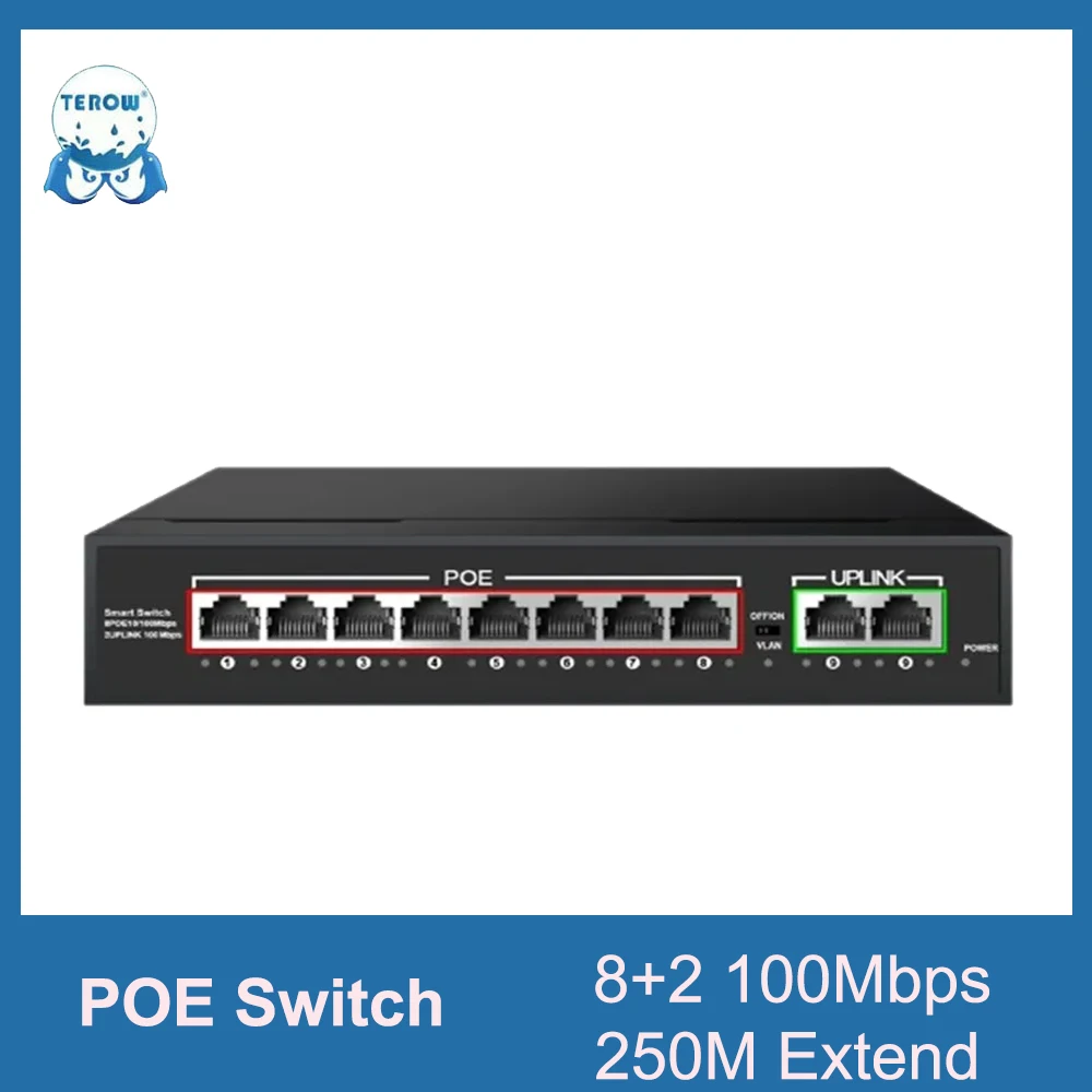 

10 Port 52V Network Switch Ethernet switch 8 POE 100Mbps Port Switch for IP camera/Wireless AP/POE Camera