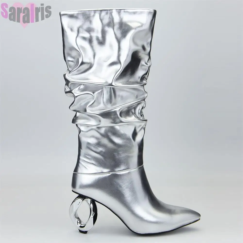 

Luxury Brand Silver Women Mid Calf Boots Pointed Toe Strange High Heels Bright Trend Ladies Shoes Pleated Sexy Party Boots Woman
