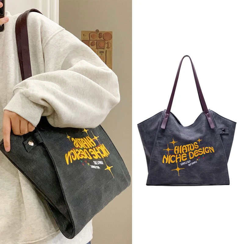 

Вместительная Холщовая Сумка-тоут с вышивкой и надписью, 2023