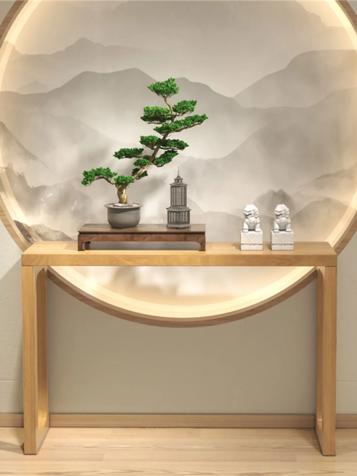 Входной стол в новом китайском стиле размещается на стене при входе дом