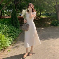 japanese simple temperament solid color cotton linen midi dress summer 2022 woman v neck short sleeved waist slim daily dress