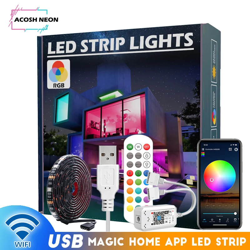 150 LEDs Waterproof LED Strip With Magic Home APP Control USB Powered RGB LED Light Strip With 24 Keys Remote for Mirror TV PC