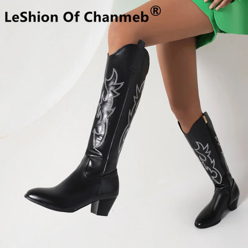 

LeShion Of Chanmeb Women Cowboy Western Boots Block Heels Ethnic Embroidery Cowgirl Kneehigh Boot 2022 Autumn Winter Footwear 46