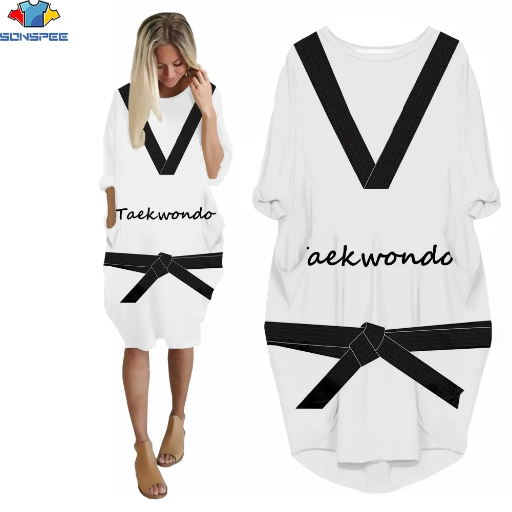 

SONSPEE 3D Printing White Simple Women Dress Funny Taekwondo Black Belt Design Summer Sexy Fashion Personality Knee Pocket Skirt