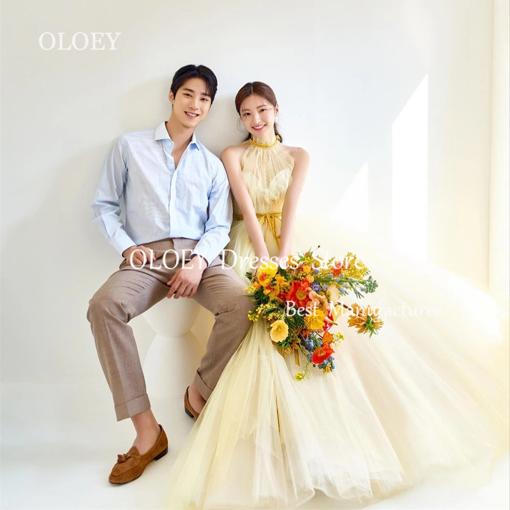 OLOEY Желтые вечерние платья трапециевидной формы с лямкой на шее корейская