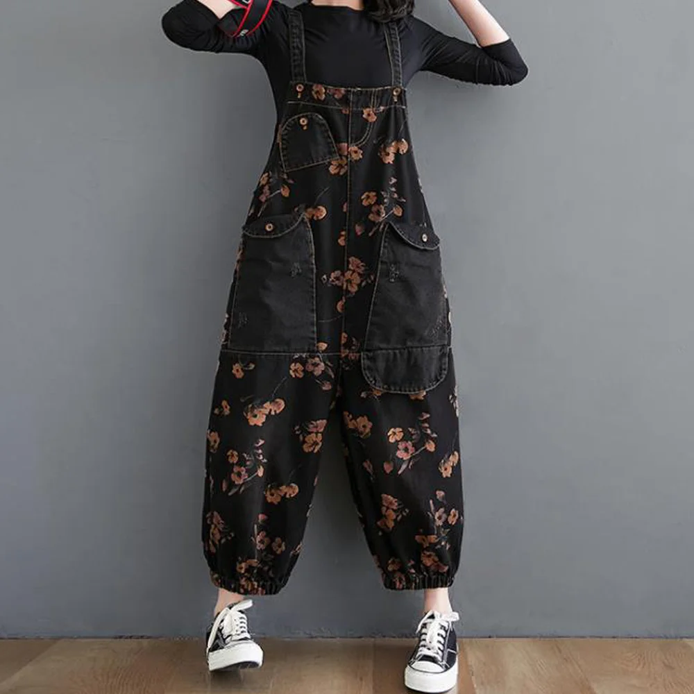 Vintage Straps Denim Overalls Womens Romper Autumn Fashion Sleeveless Pocket Floral Print Black Jumpsuit Women Suspender Jeans