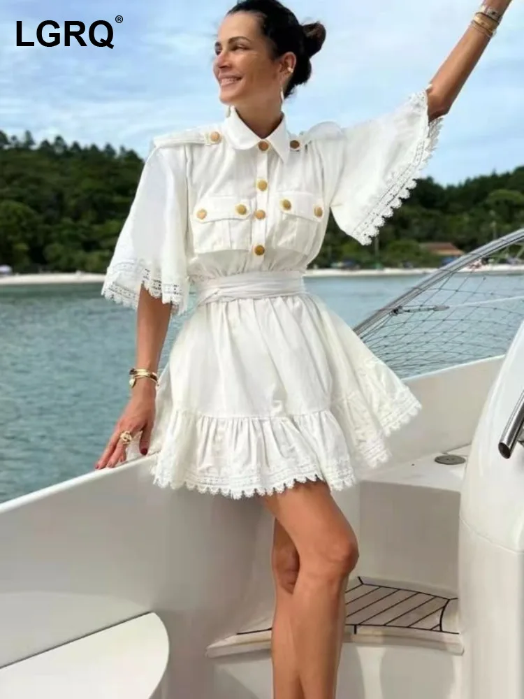 

LGRQ 2022 new summer fashion turn-down collar white half sleeves single breasted waist belt high waist dress WV76700L