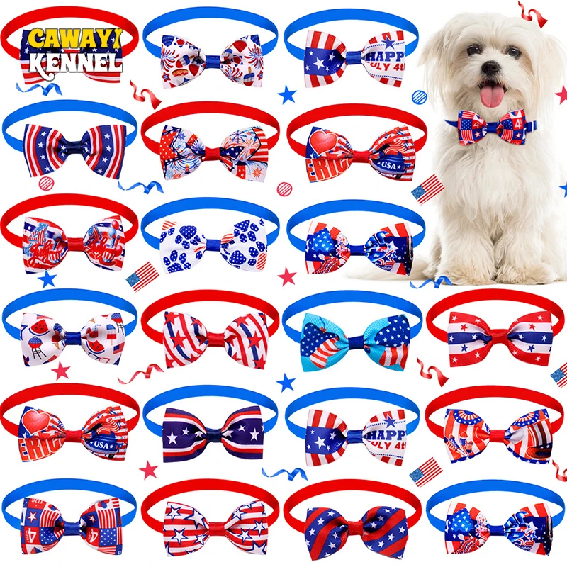 CAWAYI KENNEL 2/4/8/10 Pcs/set Dog Bow Tie American Independence Days Dog Cat Bowties 4th July US Flag Dog Grooming Accessories