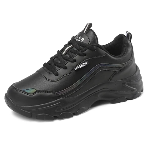 Женские спортивные кроссовки на платформе, повседневная кожаная обувь на толстой подошве, плоская подошва, для ходьбы, черные, большие размеры 42