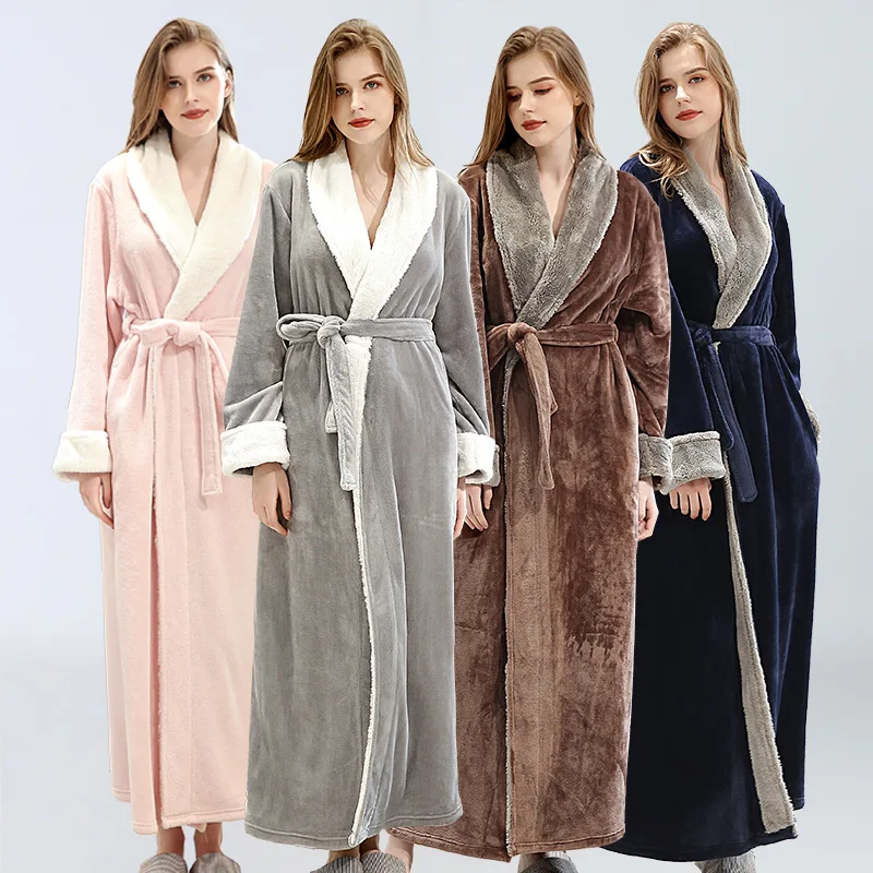 Women's Contrasting Color Bathrobes Winter New Embroidered LOGO Beauty Salon SPA Sweating Pajamas Nightgown Wholesale Long Robe