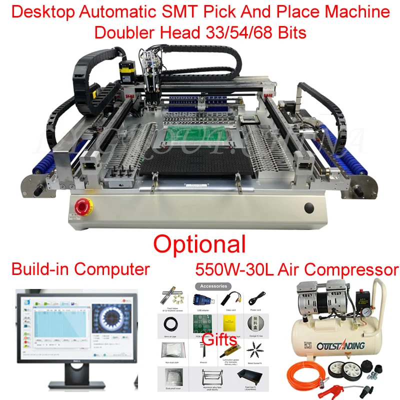 

High Speed 33/54/68 Bits Full Vision 2 Head Desktop Automatic SMT Pick And Place Machine Chip Mounter LED SMD with Compressor