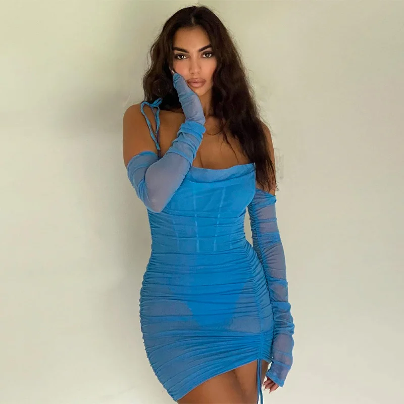 

hirigin Sexy Fashion Mesh Sheer Pencil Dress 2022 Women Party Slash Neck Off Shoulder Long Sleeve Mini Dress Female Vestidos