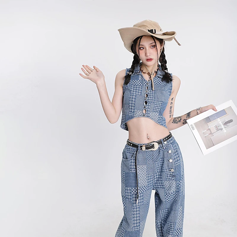 

Пикантный популярный джинсовый жилет в стиле ретро для девушек, повседневные брюки с широкими штанинами, длинные брюки, Новинка лета 2022, модный джинсовый костюм для женщин