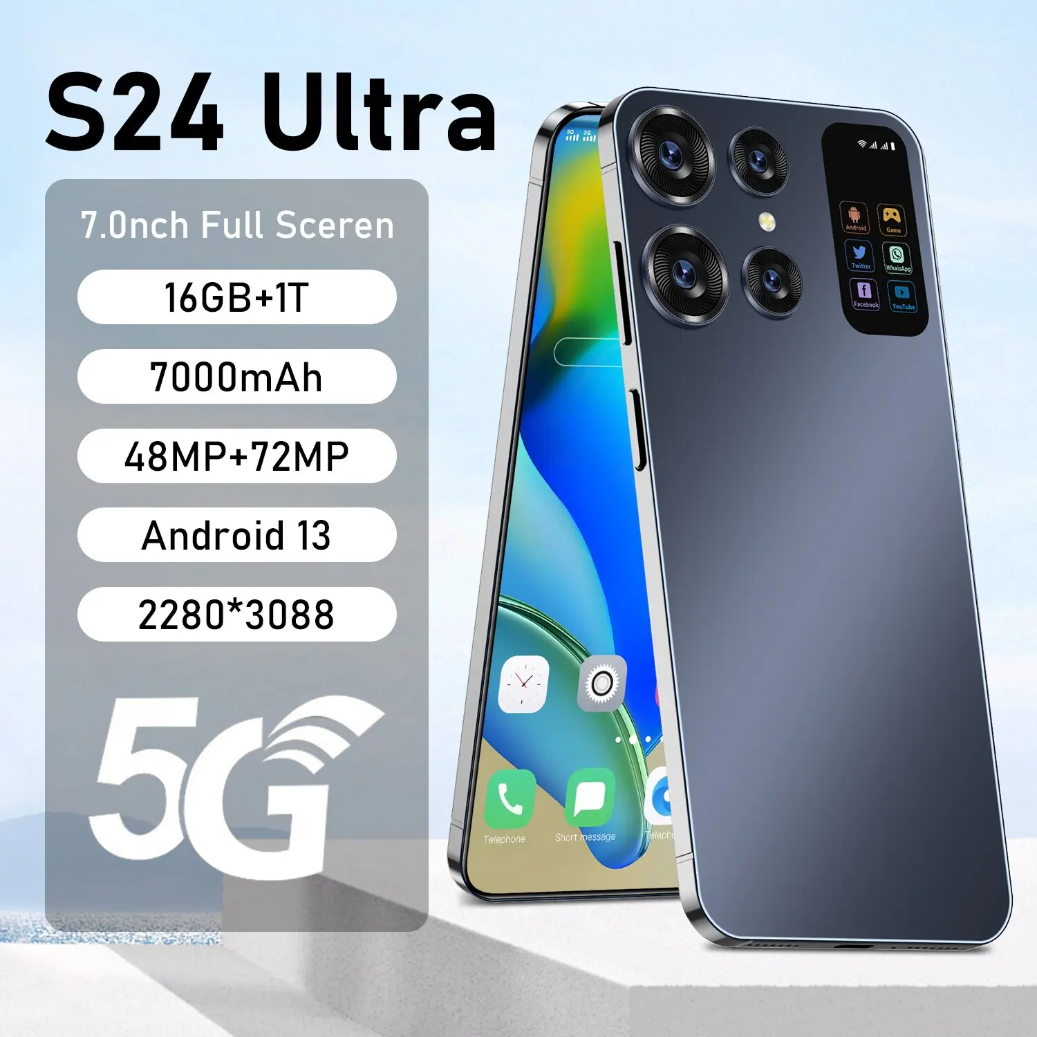 

Original S24 Ultra 7.0 inch HD Screen Smartphone16GB+1TB 5GPhone Dual Sim Celulares Android13 Face Unlock 7000mAh 72MPwith NFC