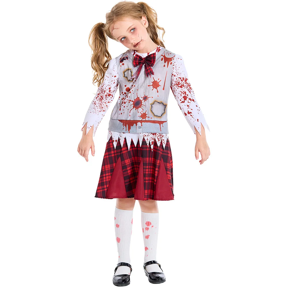 

Girls Halloween Bloody Zombie Student Costumes Kids Children Walking Dead Scary Cosplay Carnival Purim Role Playing Party Dress
