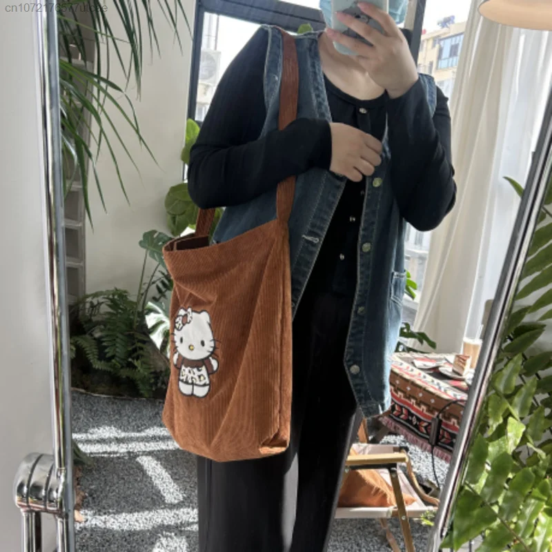 Sanrio Вышитые милые Мультяшные сумки с ручками Hello Kitty Y2k Женская Вельветовая сумка