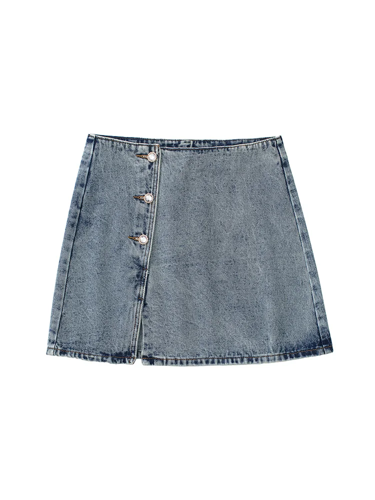 

Skirts Womens 2022 Fashion Faux Crystal Button Up Jean A Line Mini Skirt Women Sexy Front Slit High Waist Vintage Denim Skirt