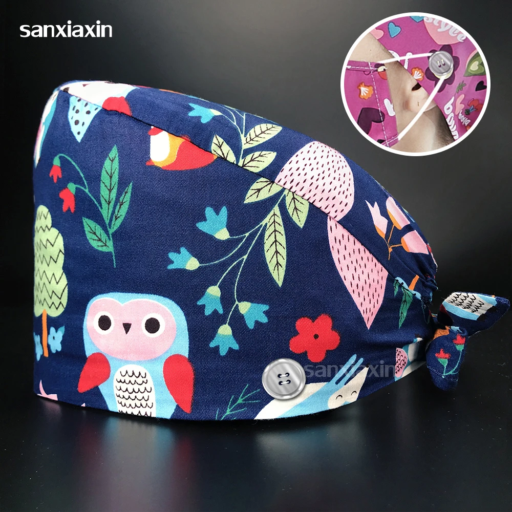 

100%cotton Dentist Working Cap with Button Breathable Men and Women Surgical Hat Clinical Nurse Medical Cap Pharmacy Nursing Hat
