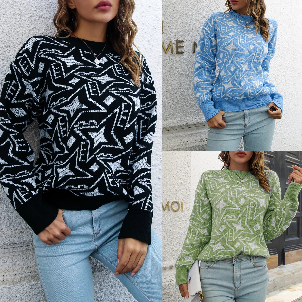 

Женский свободный трикотажный свитер со звездами, Пуловеры с круглым вырезом и длинным рукавом, трикотажные джемперы, одежда Y2k, уличная оде...