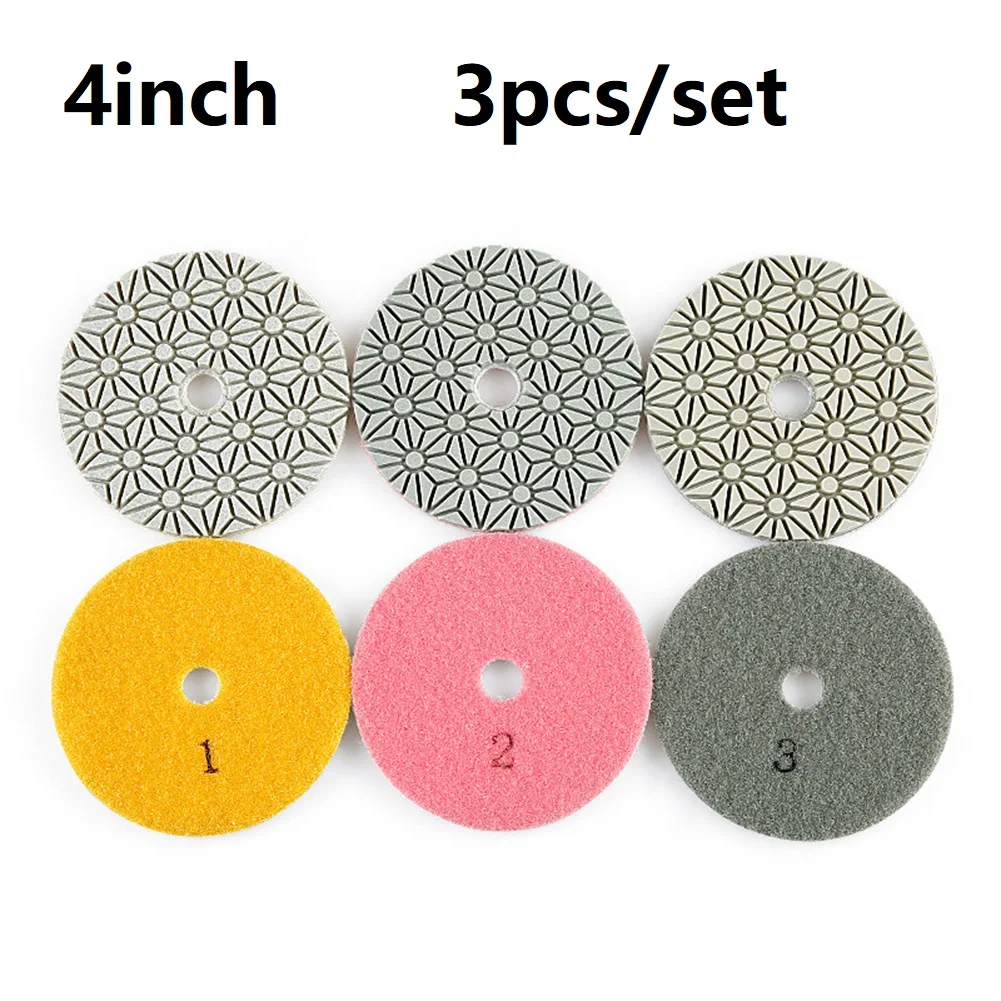 

1/3Pcs 4 Inch 100mm Dry/Wet Diamond 3 Steps Wet/Dry Polishing Pads 3mm 1#/2#/3# For Granite Concrete Stone Marble Polishing Tool