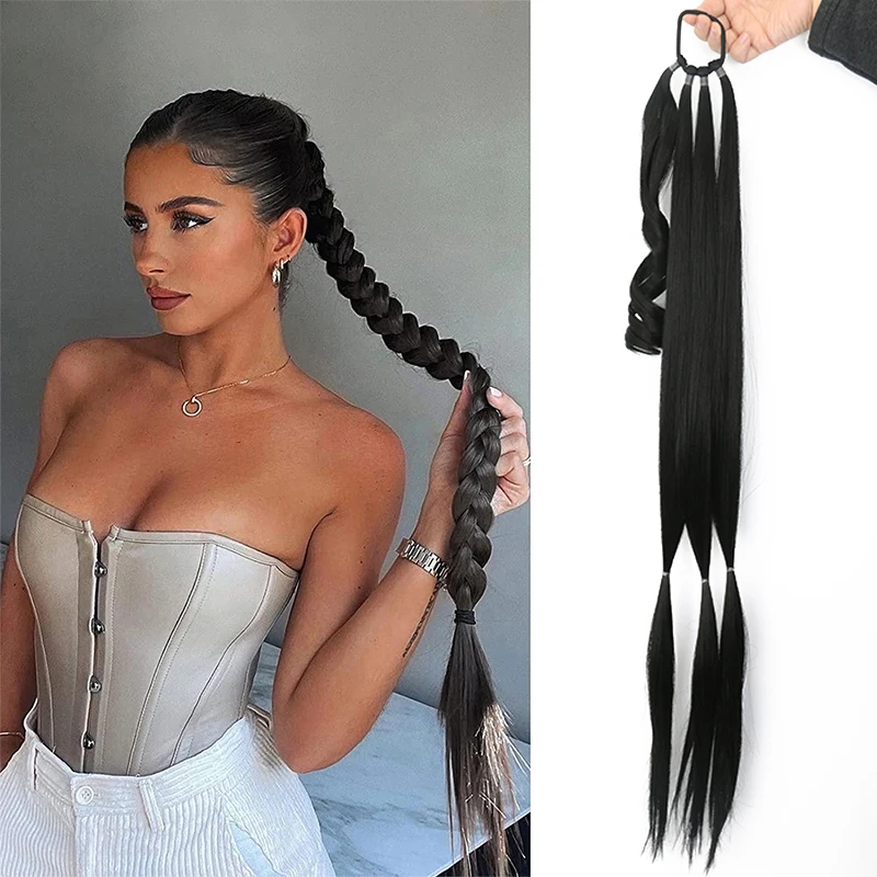 Long Straight Wrap Around Hair Extensions Ponytail Synthetic Hair Piece Daily Wear DIY Braided Ponytail Extension with Hair Tie