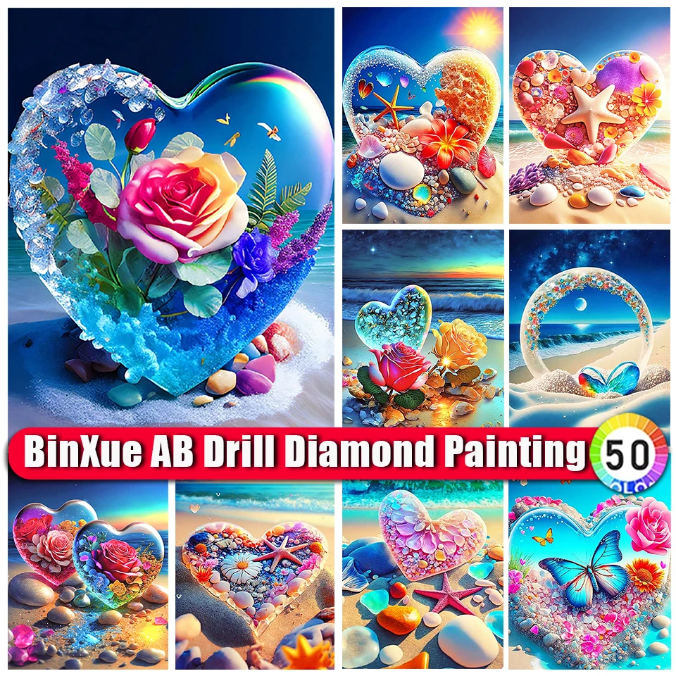 

BinXue 2023 New 5D DIY Scenery Seaside Heart Flowers AB Diamond Painting Shell Starfish Handmade Cross Stitch Home Decor Gifts
