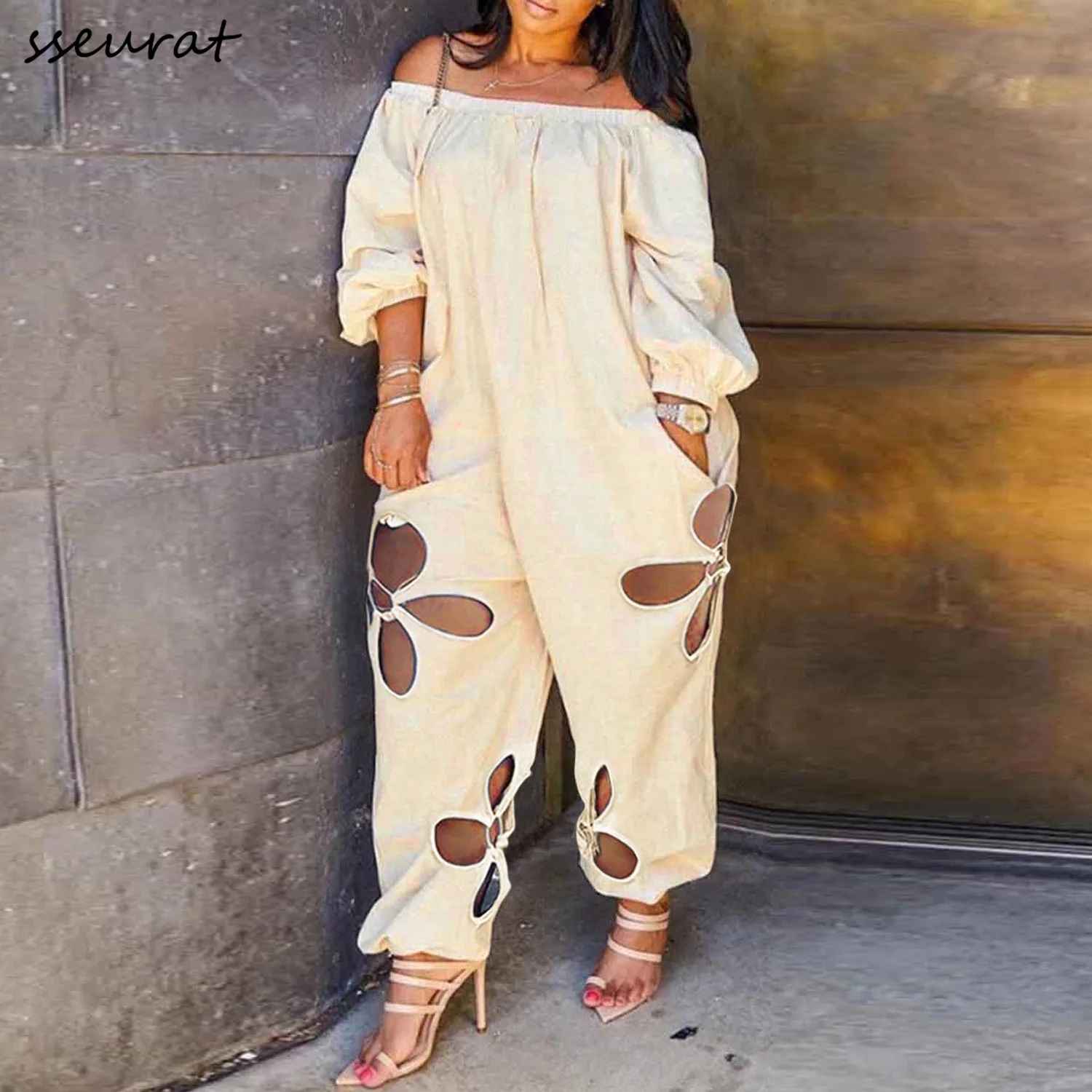 

Women Hole Off Shoulder Loose Straight Jumpsuit 2022 Plus Size One Piece Set Overall Streetwear Elegant Playsuits