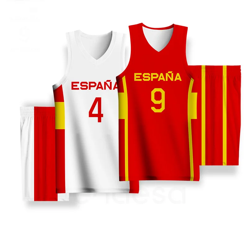 Basketball Sets For Men Customizable Team Name Number Logo Spain Letter Screen Printed Jerseys Shorts Fitness Training Tracksuit
