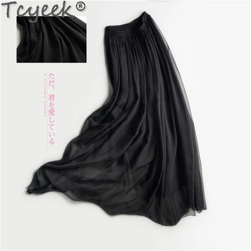 Tcyeek Mulberry Silk Skirt Women Summer Elegant Long Skirt Elastic Waist A-line Skirt Black Skirt Tulle Skirt Female Jupe Longue