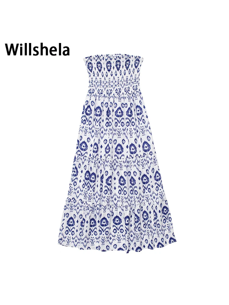 

Willshela Women Fashion Printed Elastic Waist Midi Skirts Vintage High Waist Female Chic Lady Skirts