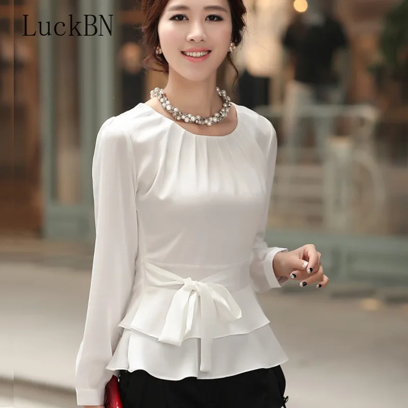 Butterfly Shirt OL Blouse Cherry White O-neck Long-sleeved Tops Spring Large Size 3XL Shirts Elegant Autumn New Feminino Camisa