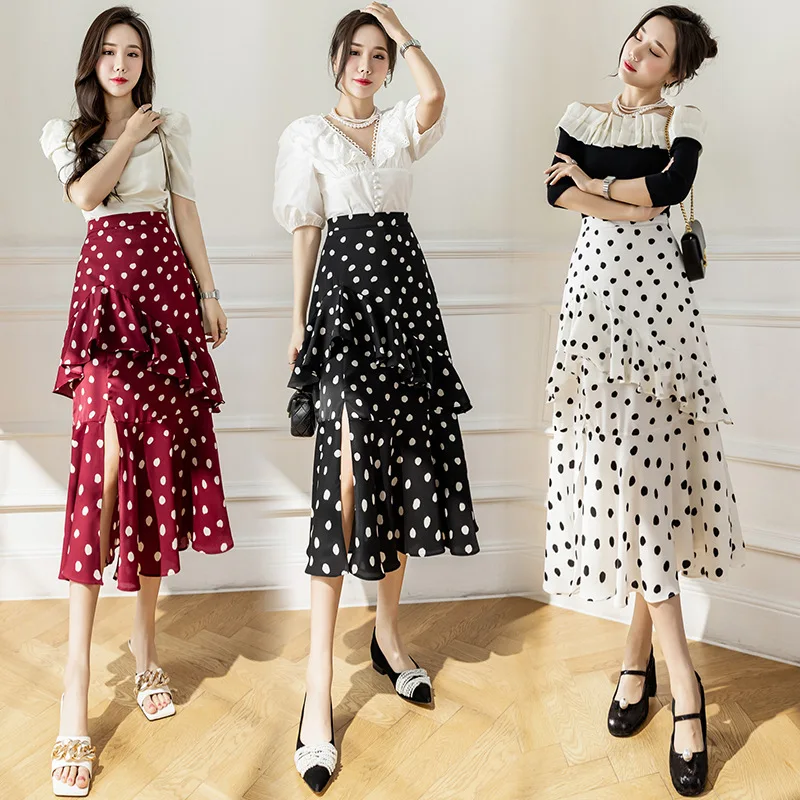 

Women's Chiffon Dotted Skirts with Ruffles Female Irregular Polka Dot Mid-calf A-line Skirt 7Z
